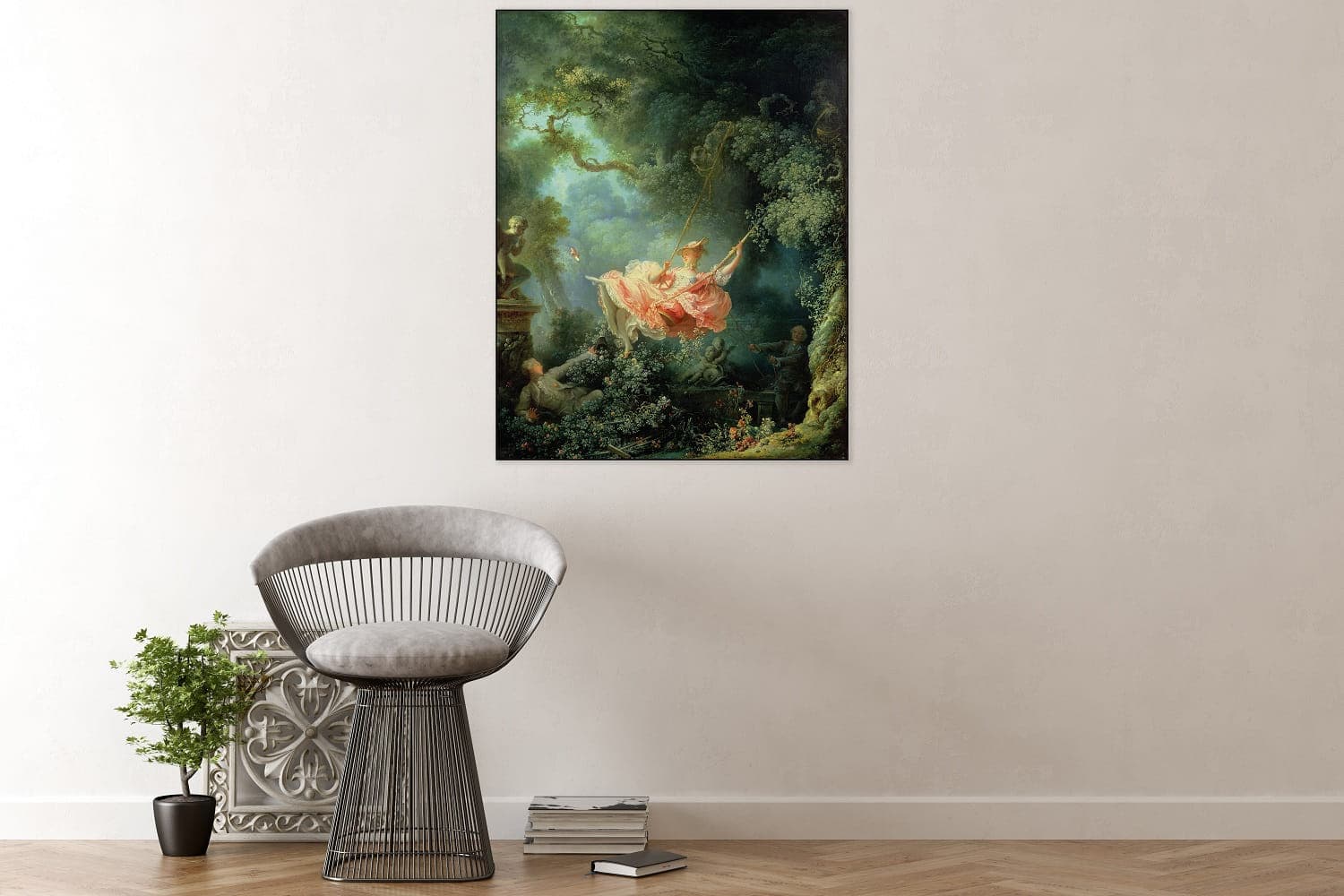 EASYphoto akoestisch wandpaneel aan de muur met het kunstwerk De Schommel van Jean honore fragonard. Een stijlvolle oplossing voor het verbeteren van de akoestiek.