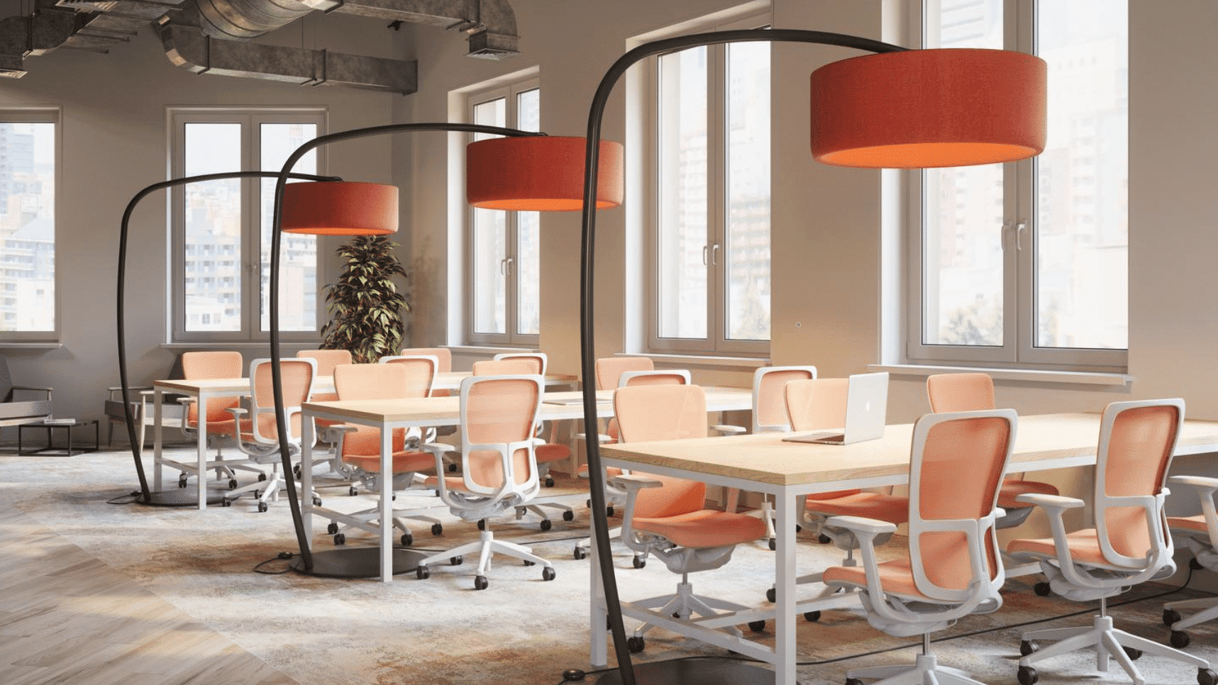 Vrijstaande akoestische voetlamp op kantoor